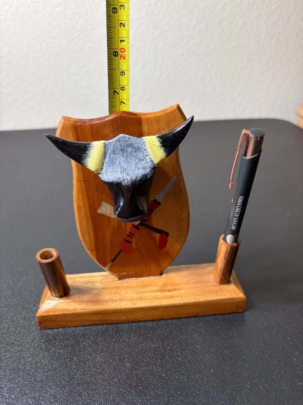 Vintage Primitive Wooden Longhorn Wester Desktop Pencil/Pen Holder Folk Art